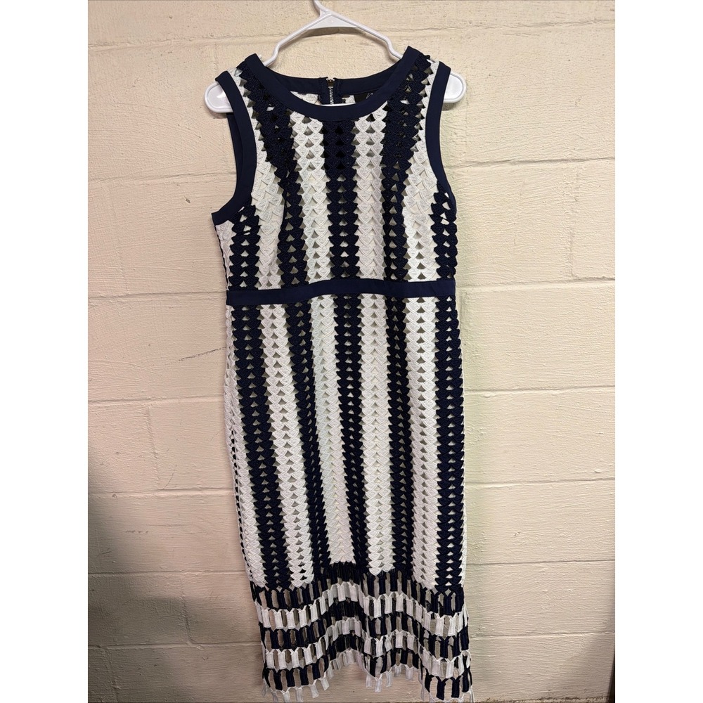 Midnight Velvet Navy White Crochet Stripe Sleeveless Sheath Dress‎ Size 10